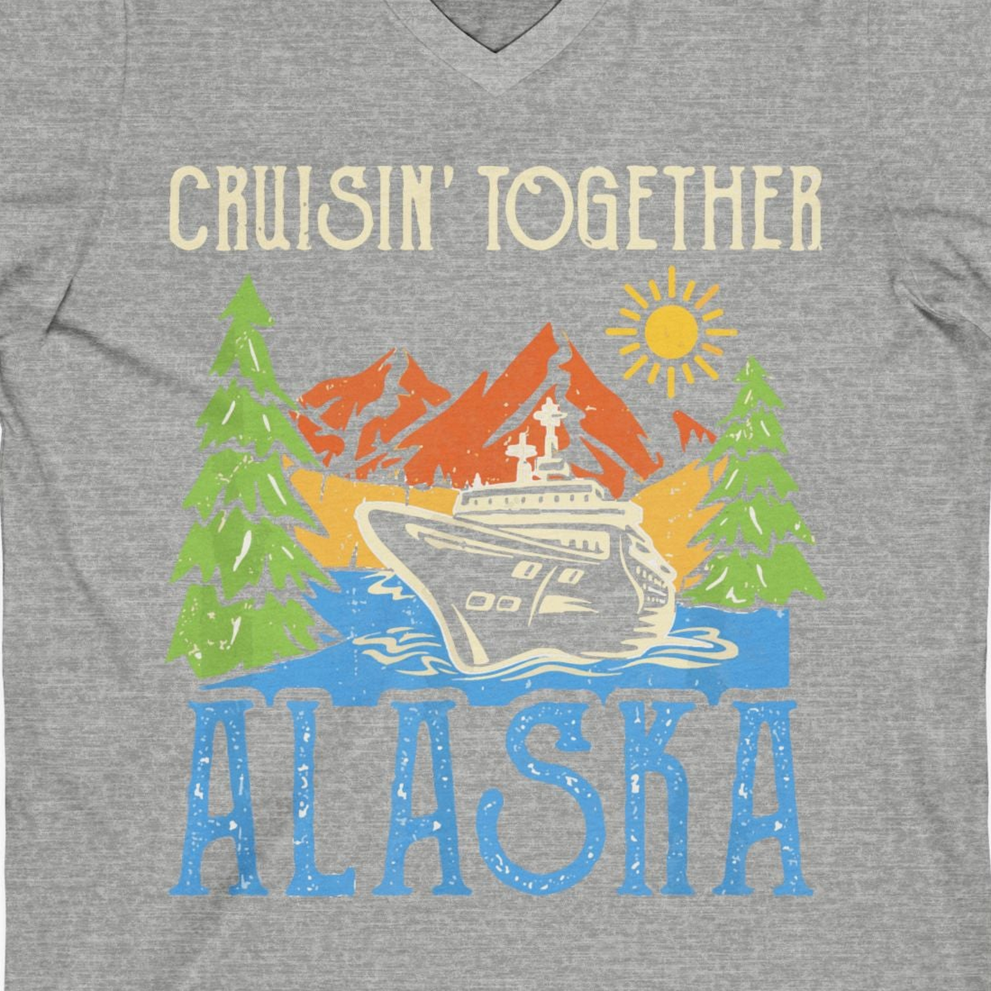 Alaska Cruise Adventure Nature Landscape Retro Family Shirt — V-Neck V-Neck Shirt – Athletic Heather – Alaska Cruise Shirts Close Up