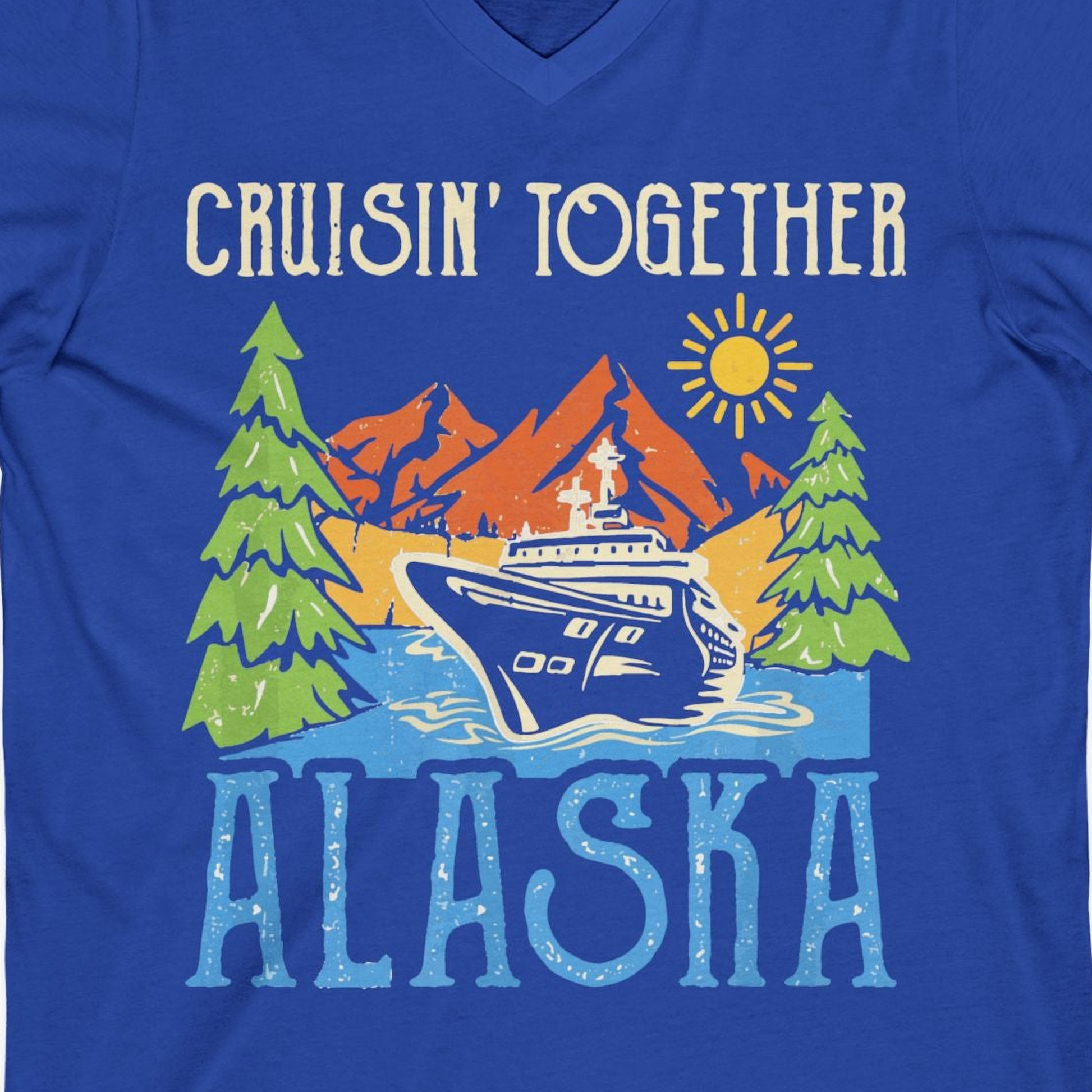Alaska Cruise Adventure Nature Landscape Retro Family Shirt — V-Neck V-Neck Shirt – True Royal – Alaska Cruise Shirts Close Up