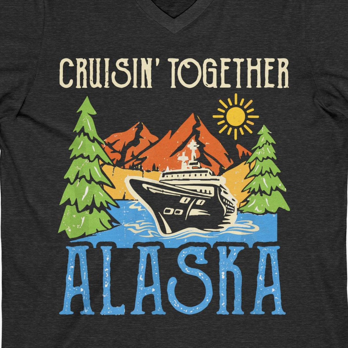 Alaska Cruise Adventure Nature Landscape Retro Family Shirt — V-Neck V-Neck Shirt – Dark Grey Heather – Alaska Cruise Shirts Close Up
