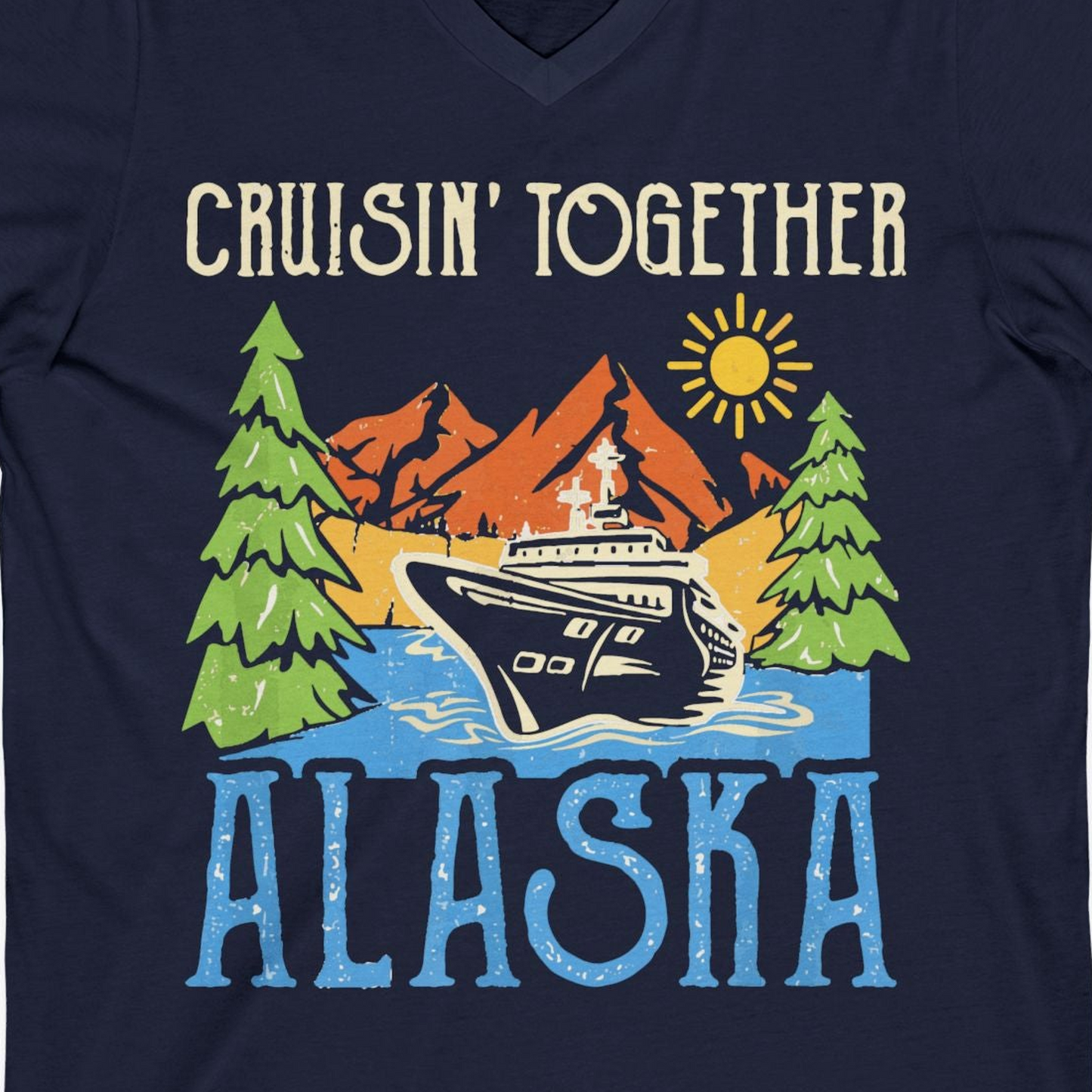 Alaska Cruise Adventure Nature Landscape Retro Family Shirt — V-Neck V-Neck Shirt – Navy – Alaska Cruise Shirts Close Up