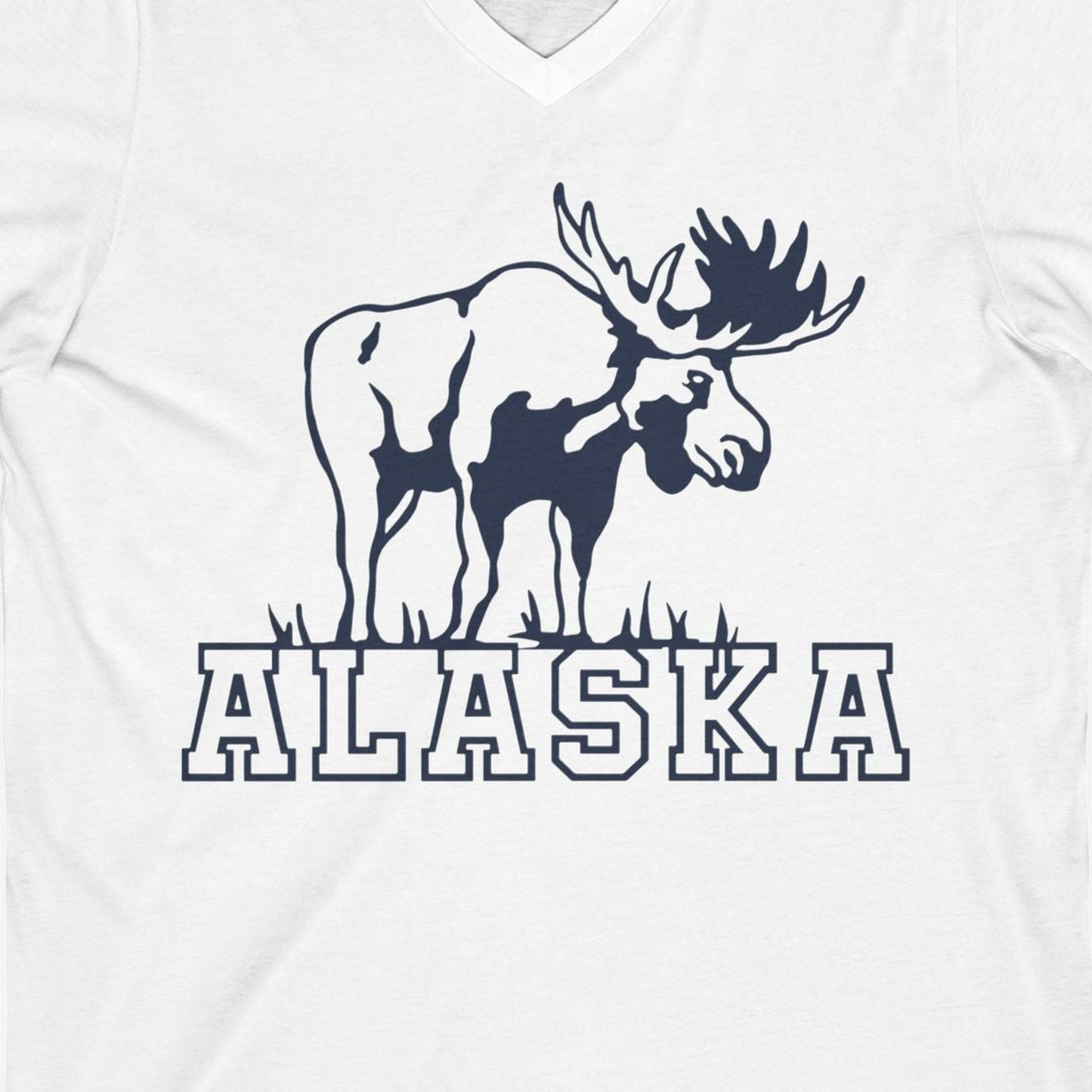 Alaska Moose Silhouette Shirt V-Neck Shirt – White – Alaska Cruise Shirts Close Up