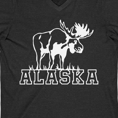 Alaska Moose Silhouette Shirt V-Neck Shirt – Dark Grey Heather – Alaska Cruise Shirts Close Up