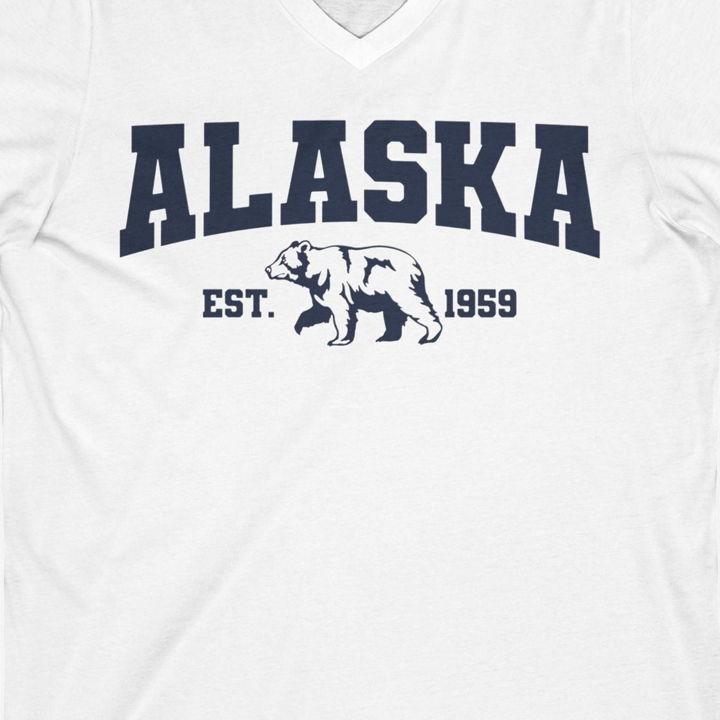 Vintage Alaska Bear Shirt V-Neck Shirt – White – Alaska Cruise Shirts Close Up