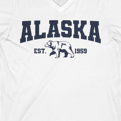 Vintage Alaska Bear Shirt V-Neck Shirt – White – Alaska Cruise Shirts Close Up
