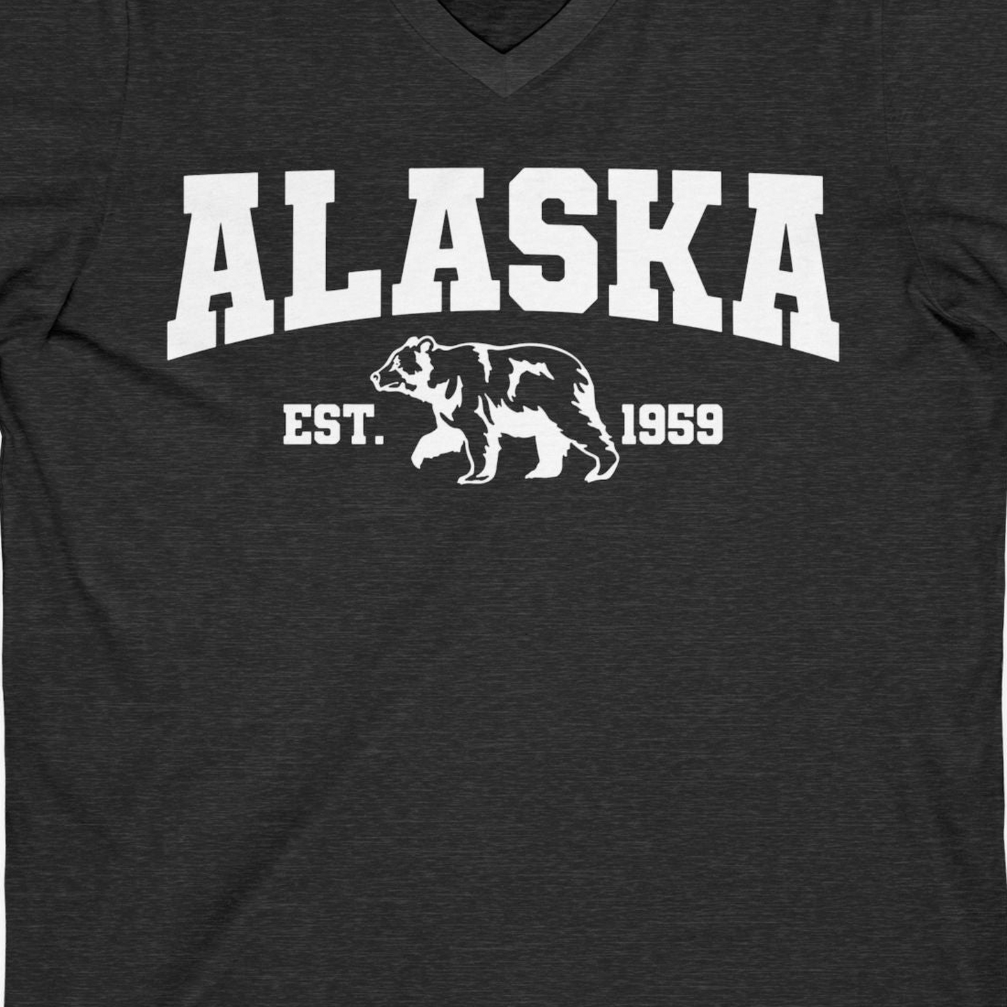 Vintage Alaska Bear Shirt V-Neck Shirt – Dark Grey Heather – Alaska Cruise Shirts Close Up