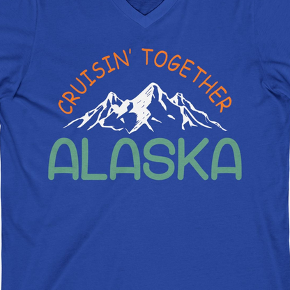 Cruisin Together Alaska Mountain Adventure Cruise Graphic Shirt — V-Neck V-Neck Shirt – True Royal – Alaska Cruise Shirts Close Up