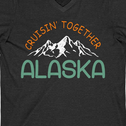 Cruisin Together Alaska Mountain Adventure Cruise Graphic Shirt — V-Neck V-Neck Shirt – Dark Grey Heather – Alaska Cruise Shirts Close Up