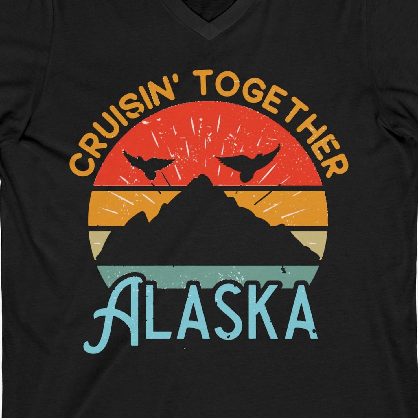 Retro Alaska Cruise Shirt V-Neck Shirt – Black – Alaska Cruise Shirts Close Up