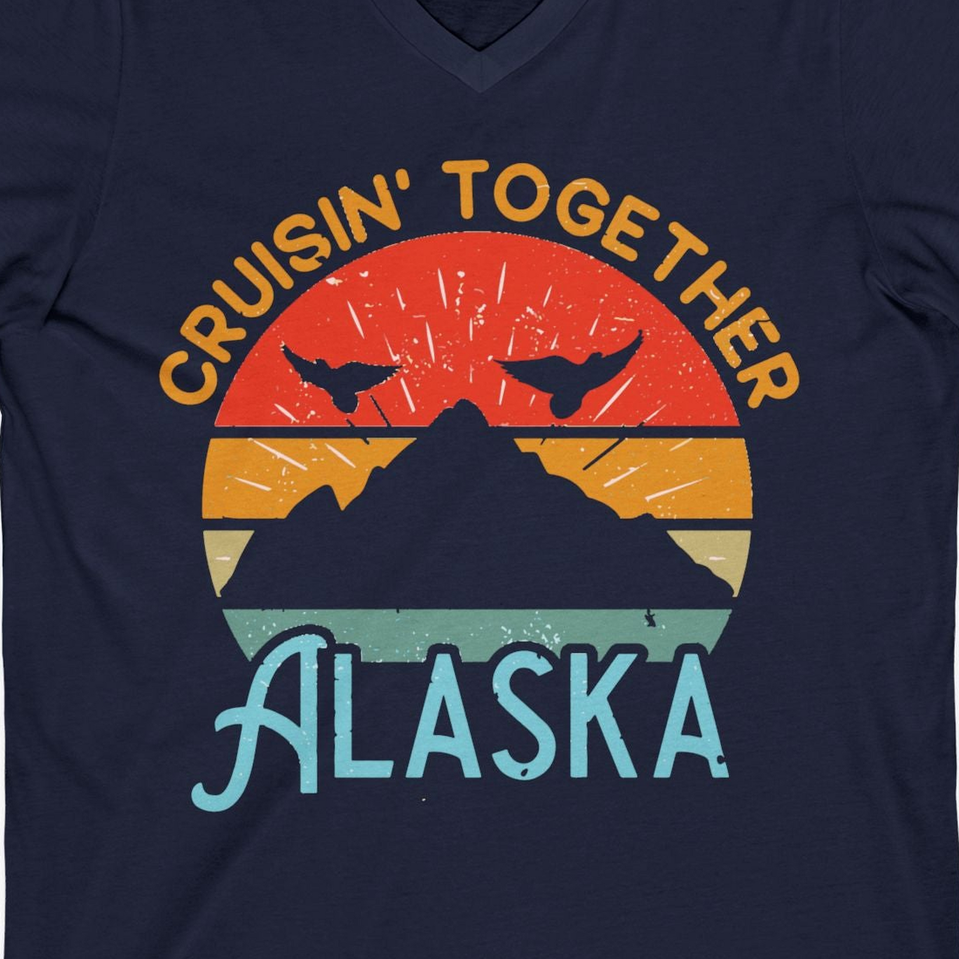 Retro Alaska Cruise Shirt V-Neck Shirt – Navy – Alaska Cruise Shirts Close Up