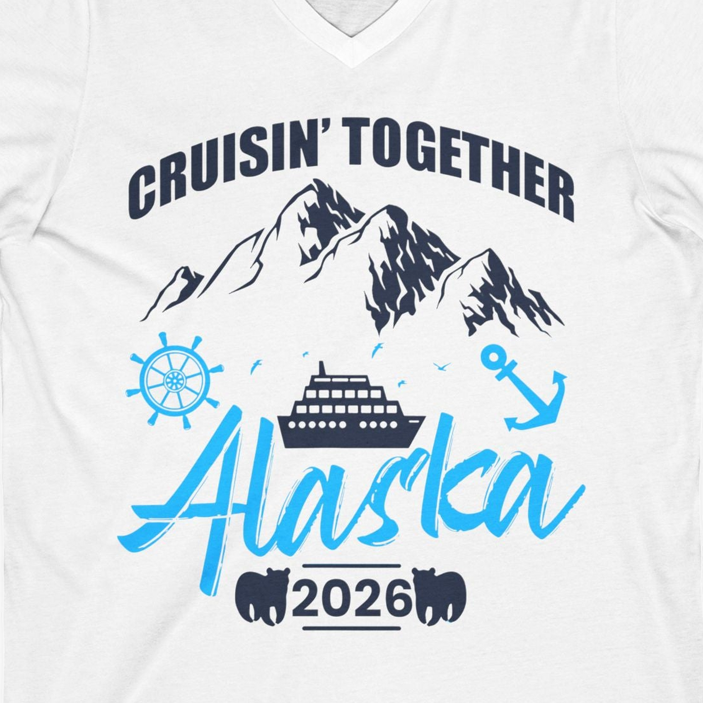 Alaska Cruise Group Adventure Shirt V-Neck Shirt – White – Alaska Cruise Shirts Close Up