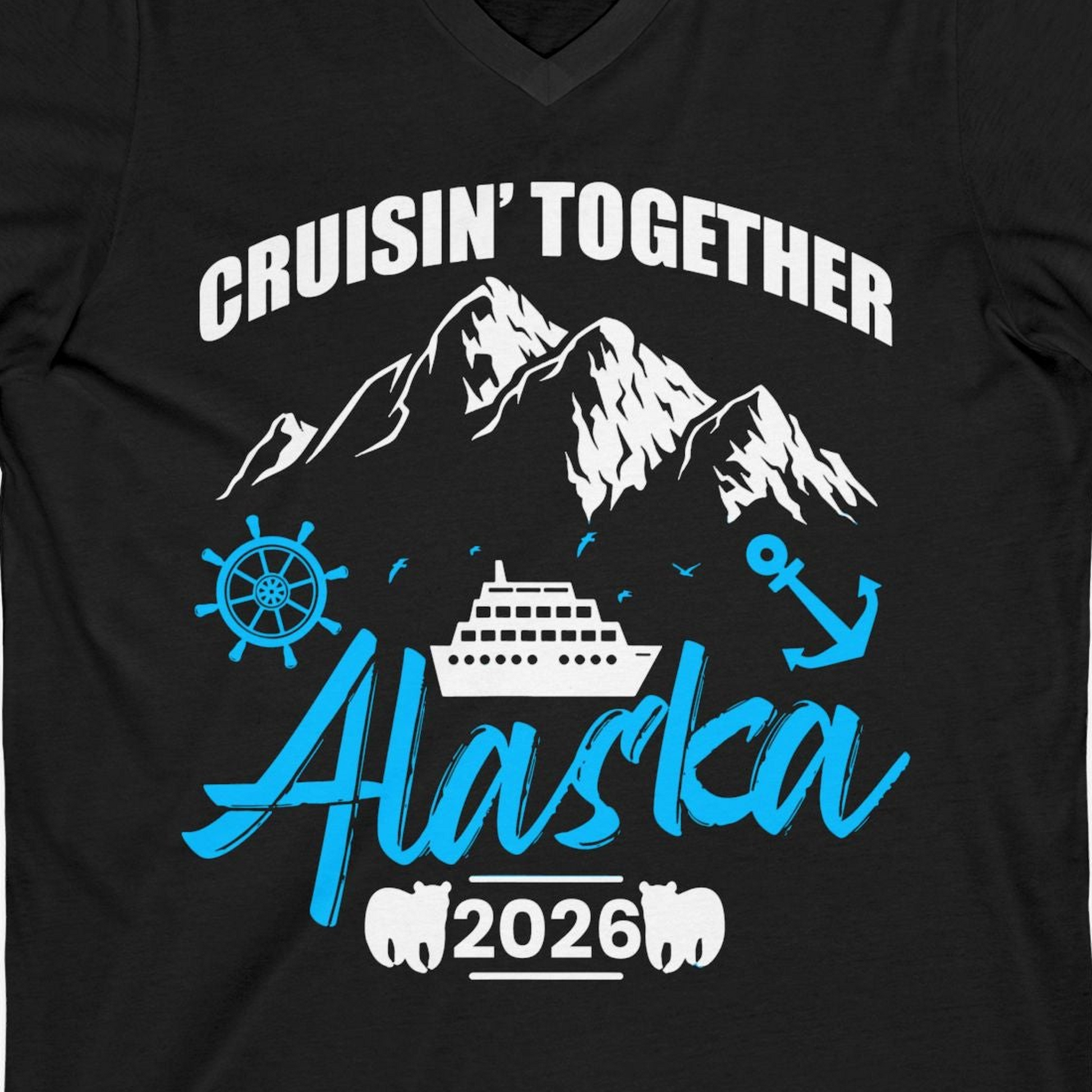Alaska Cruise Group Adventure Shirt V-Neck Shirt – Black – Alaska Cruise Shirts Close Up