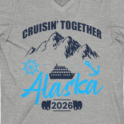 Alaska Cruise Group Adventure Shirt V-Neck Shirt – Athletic Heather – Alaska Cruise Shirts Close Up