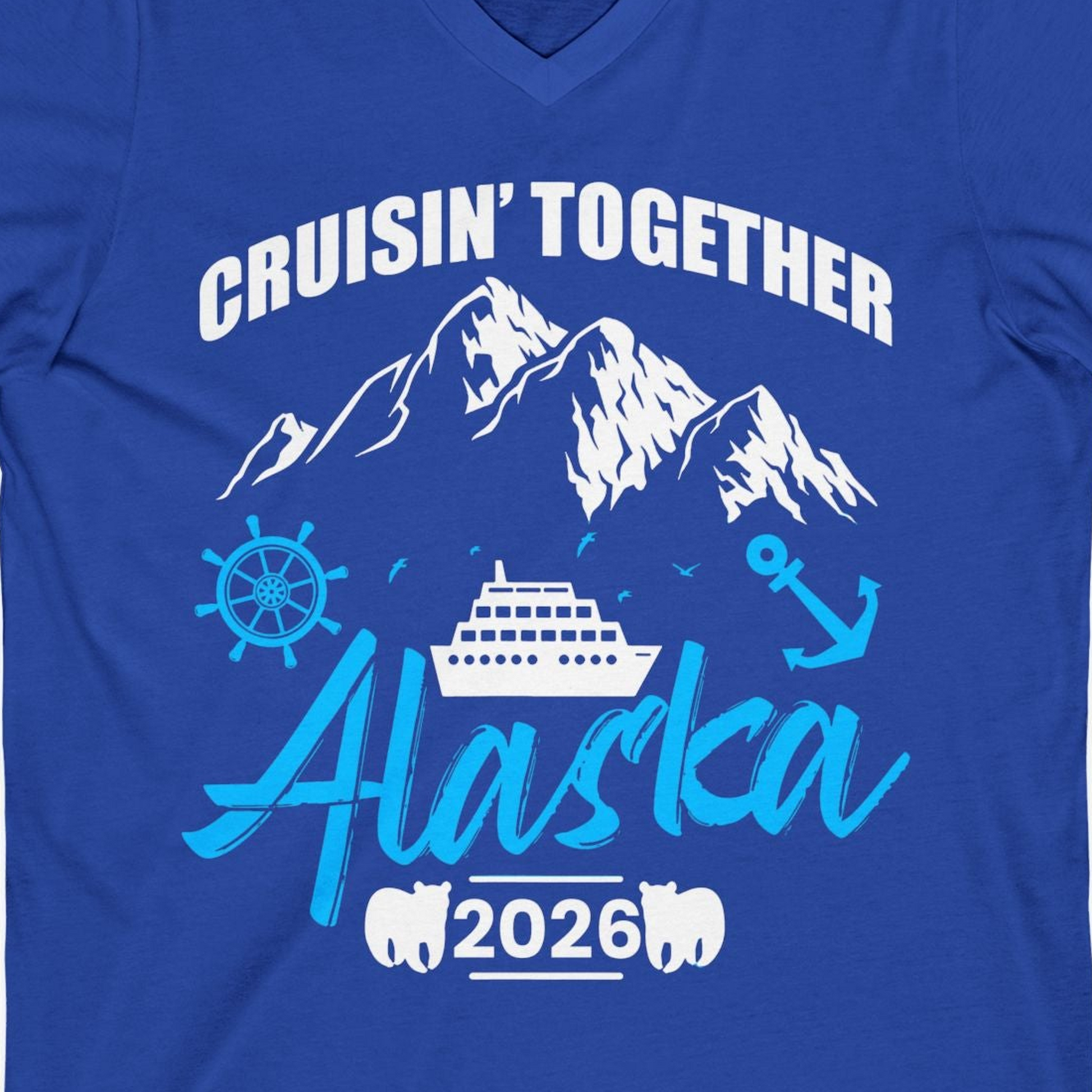 Alaska Cruise Group Adventure Shirt V-Neck Shirt – True Royal – Alaska Cruise Shirts Close Up