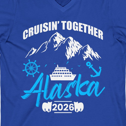 Alaska Cruise Group Adventure Shirt V-Neck Shirt – True Royal – Alaska Cruise Shirts Close Up