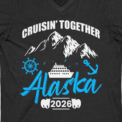 Alaska Cruise Group Adventure Shirt V-Neck Shirt – Dark Grey Heather – Alaska Cruise Shirts Close Up