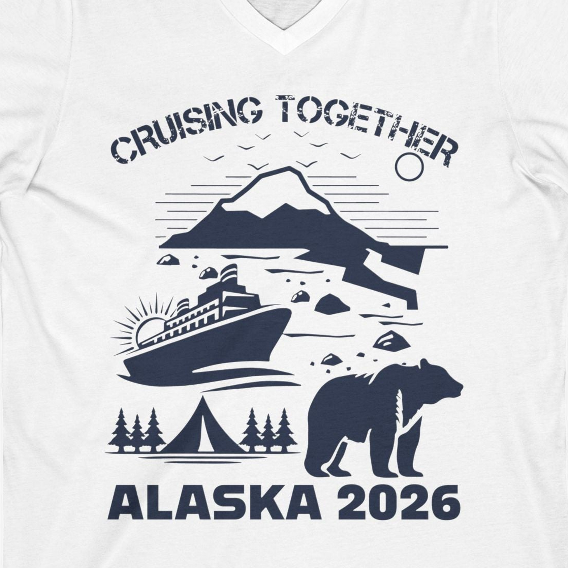 Alaska Cruise 2026 Family Adventure Bear Mountain Nature Shirt — V-Neck V-Neck Shirt – White – Alaska Cruise Shirts Close Up