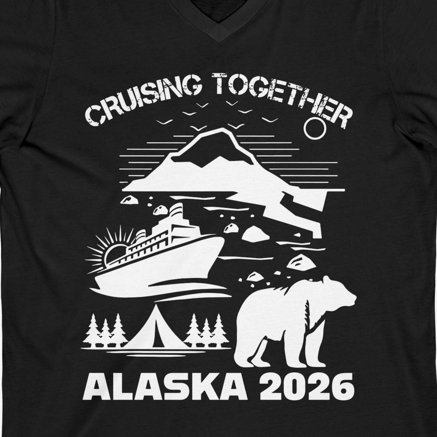 Alaska Cruise 2026 Family Adventure Bear Mountain Nature Shirt — V-Neck V-Neck Shirt – Black – Alaska Cruise Shirts Close Up