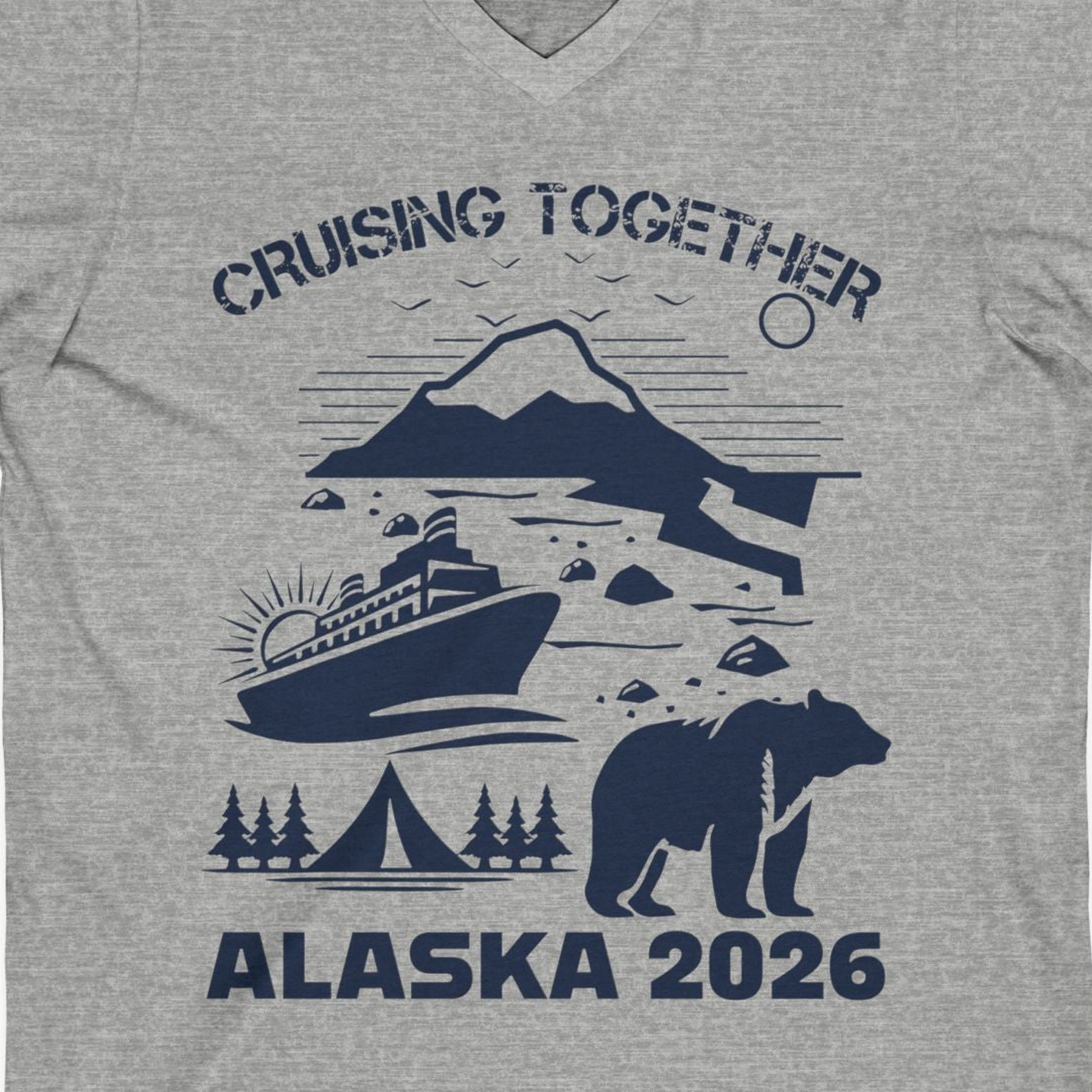 Alaska Cruise 2026 Family Adventure Bear Mountain Nature Shirt — V-Neck V-Neck Shirt – Athletic Heather – Alaska Cruise Shirts Close Up