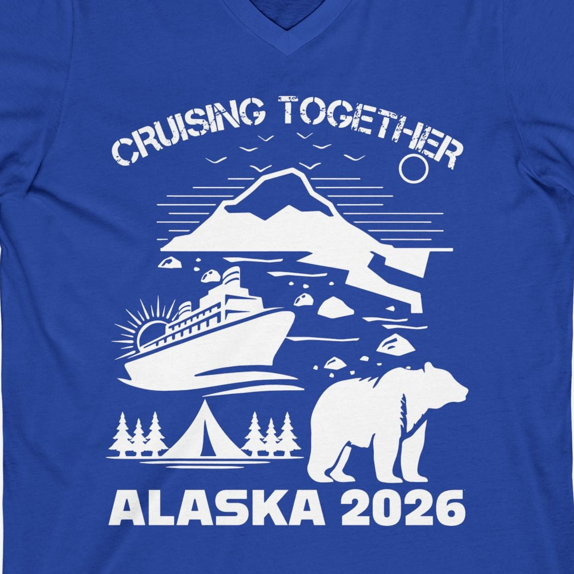 Alaska Cruise 2026 Family Adventure Bear Mountain Nature Shirt — V-Neck V-Neck Shirt – True Royal – Alaska Cruise Shirts Close Up