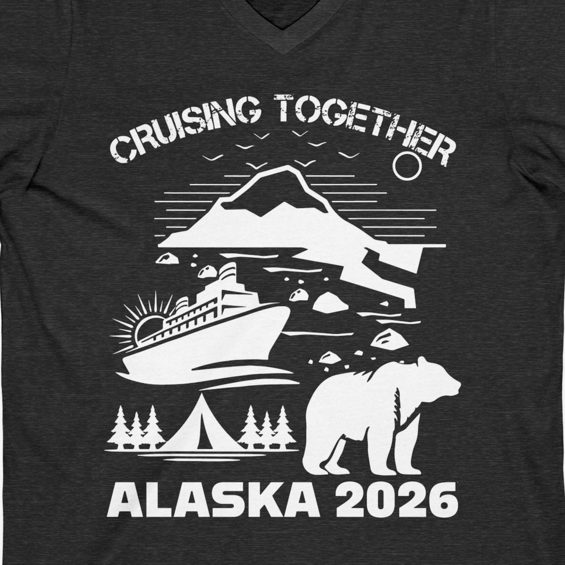 Alaska Cruise 2026 Family Adventure Bear Mountain Nature Shirt — V-Neck V-Neck Shirt – Dark Grey Heather – Alaska Cruise Shirts Close Up