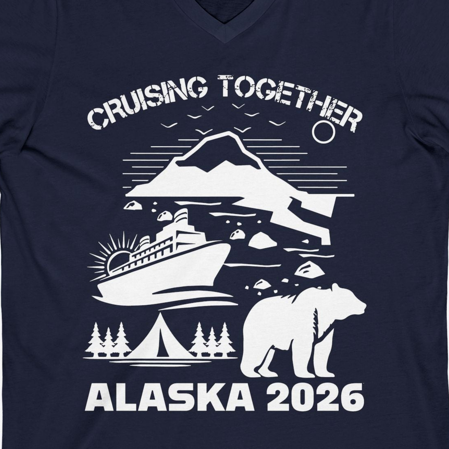 Alaska Cruise 2026 Family Adventure Bear Mountain Nature Shirt — V-Neck V-Neck Shirt – Navy – Alaska Cruise Shirts Close Up