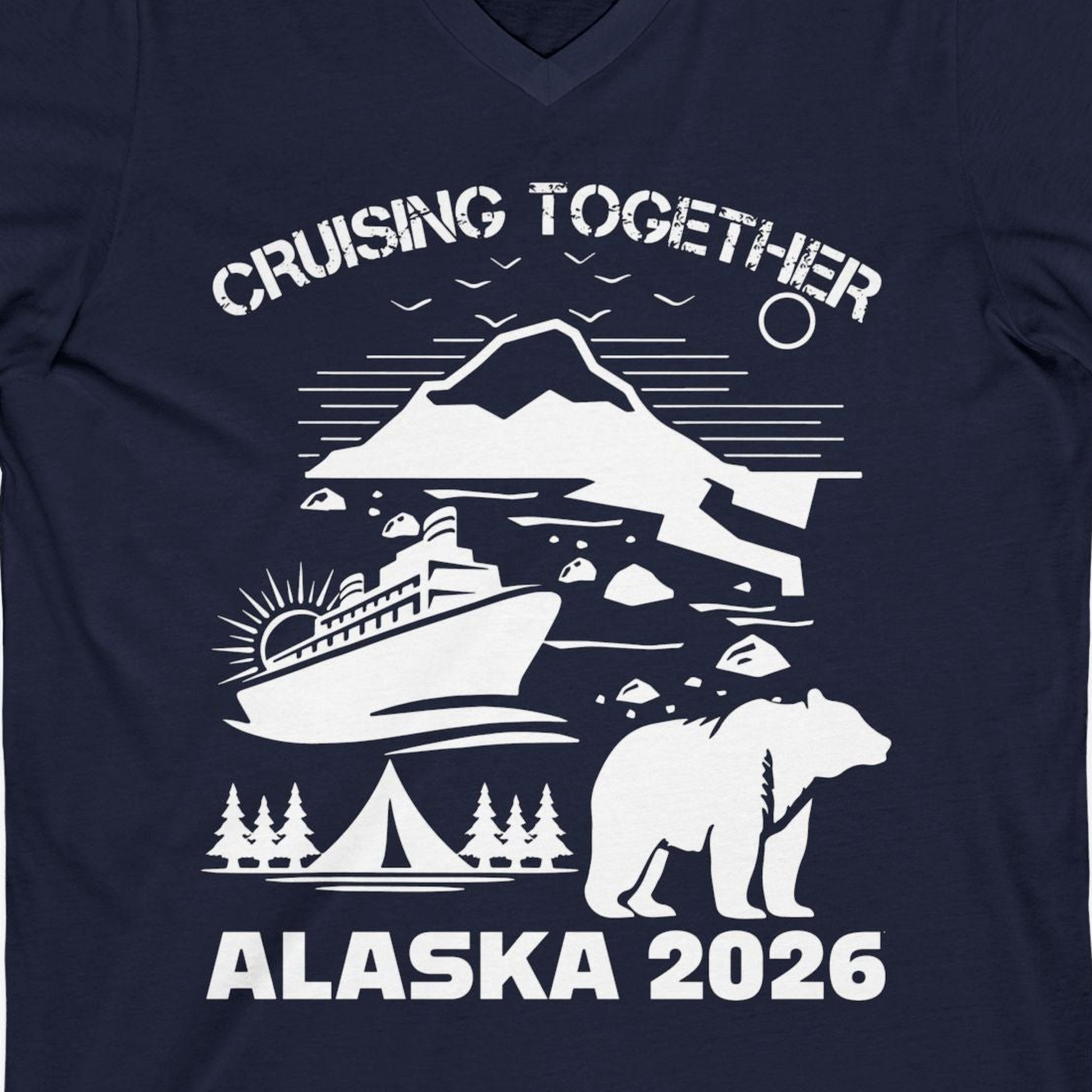 Alaska Cruise 2026 Family Adventure Bear Mountain Nature Shirt — V-Neck V-Neck Shirt – Navy – Alaska Cruise Shirts Close Up