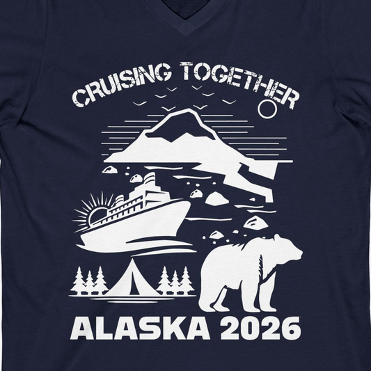 Alaska Cruise 2026 Family Adventure Bear Mountain Nature Shirt — V-Neck V-Neck Shirt – Navy – Alaska Cruise Shirts Close Up