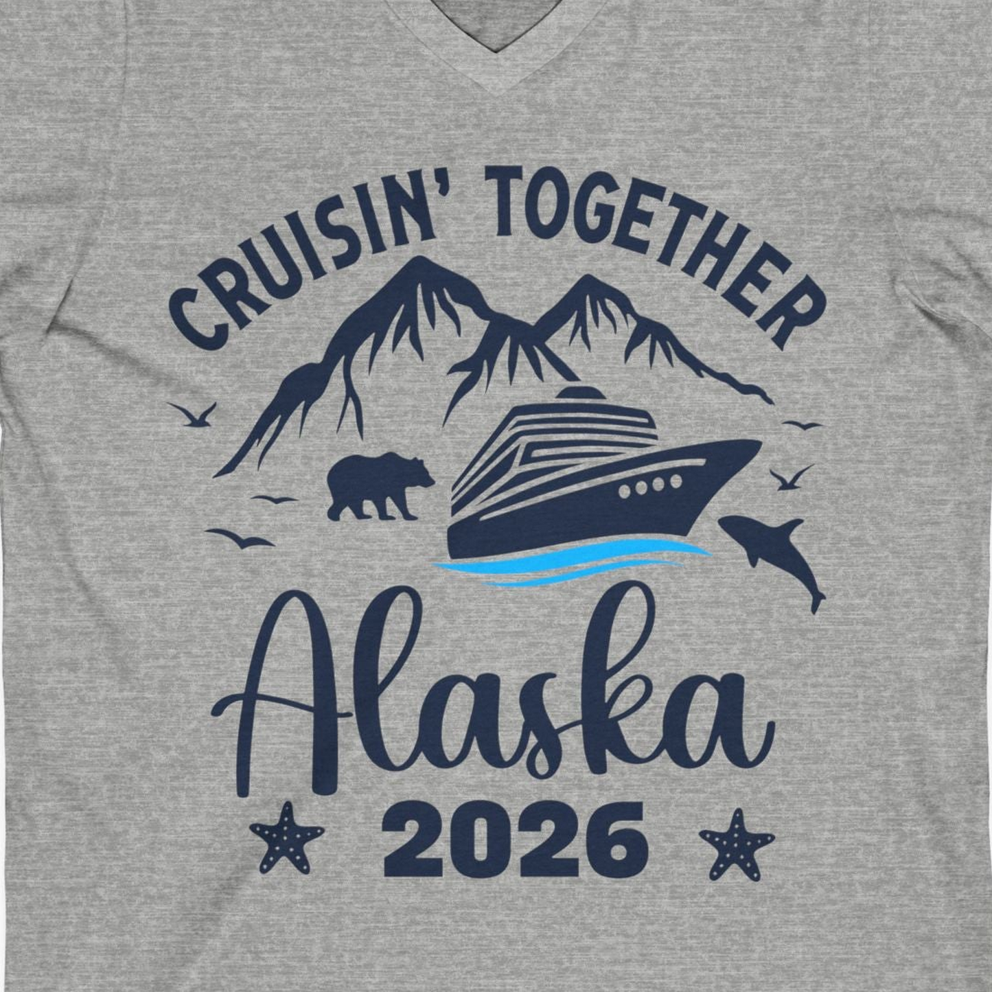 Alaska Cruise Adventure 2026 Shirt V-Neck Shirt – Athletic Heather – Alaska Cruise Shirts Close Up
