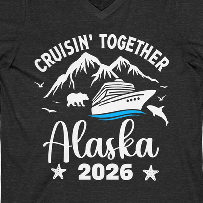 Alaska Cruise Adventure 2026 Shirt V-Neck Shirt – Dark Grey Heather – Alaska Cruise Shirts Close Up