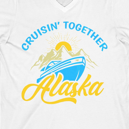 Alaska Cruise Adventure Mountains Sunrise Retro Shirt for Travelers — V-Neck V-Neck Shirt – White – Alaska Cruise Shirts Close Up