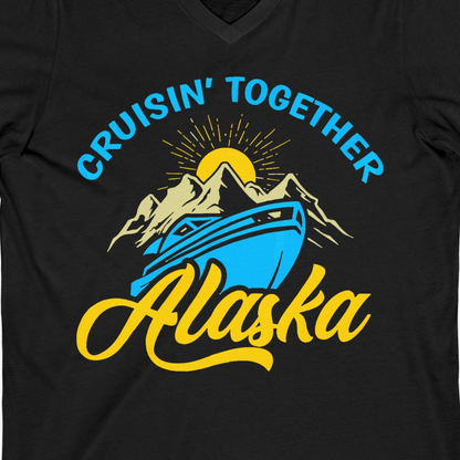 Alaska Cruise Adventure Mountains Sunrise Retro Shirt for Travelers — V-Neck V-Neck Shirt – Black – Alaska Cruise Shirts Close Up