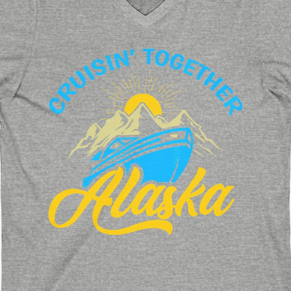 Alaska Cruise Adventure Mountains Sunrise Retro Shirt for Travelers — V-Neck V-Neck Shirt – Athletic Heather – Alaska Cruise Shirts Close Up