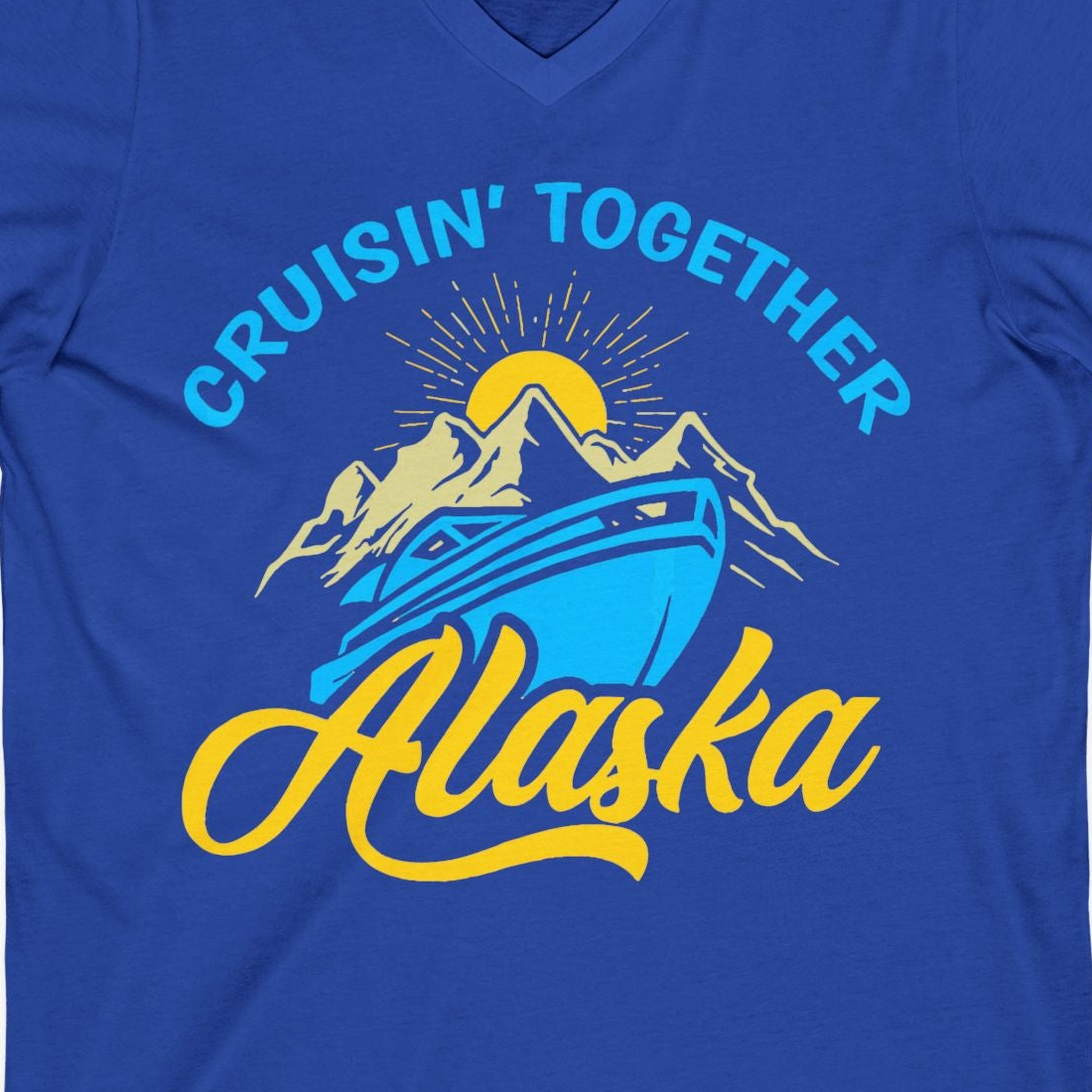 Alaska Cruise Adventure Mountains Sunrise Retro Shirt for Travelers — V-Neck V-Neck Shirt – True Royal – Alaska Cruise Shirts Close Up
