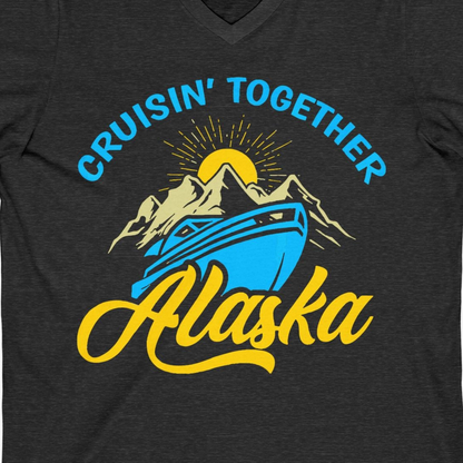 Alaska Cruise Adventure Mountains Sunrise Retro Shirt for Travelers — V-Neck V-Neck Shirt – Dark Grey Heather – Alaska Cruise Shirts Close Up