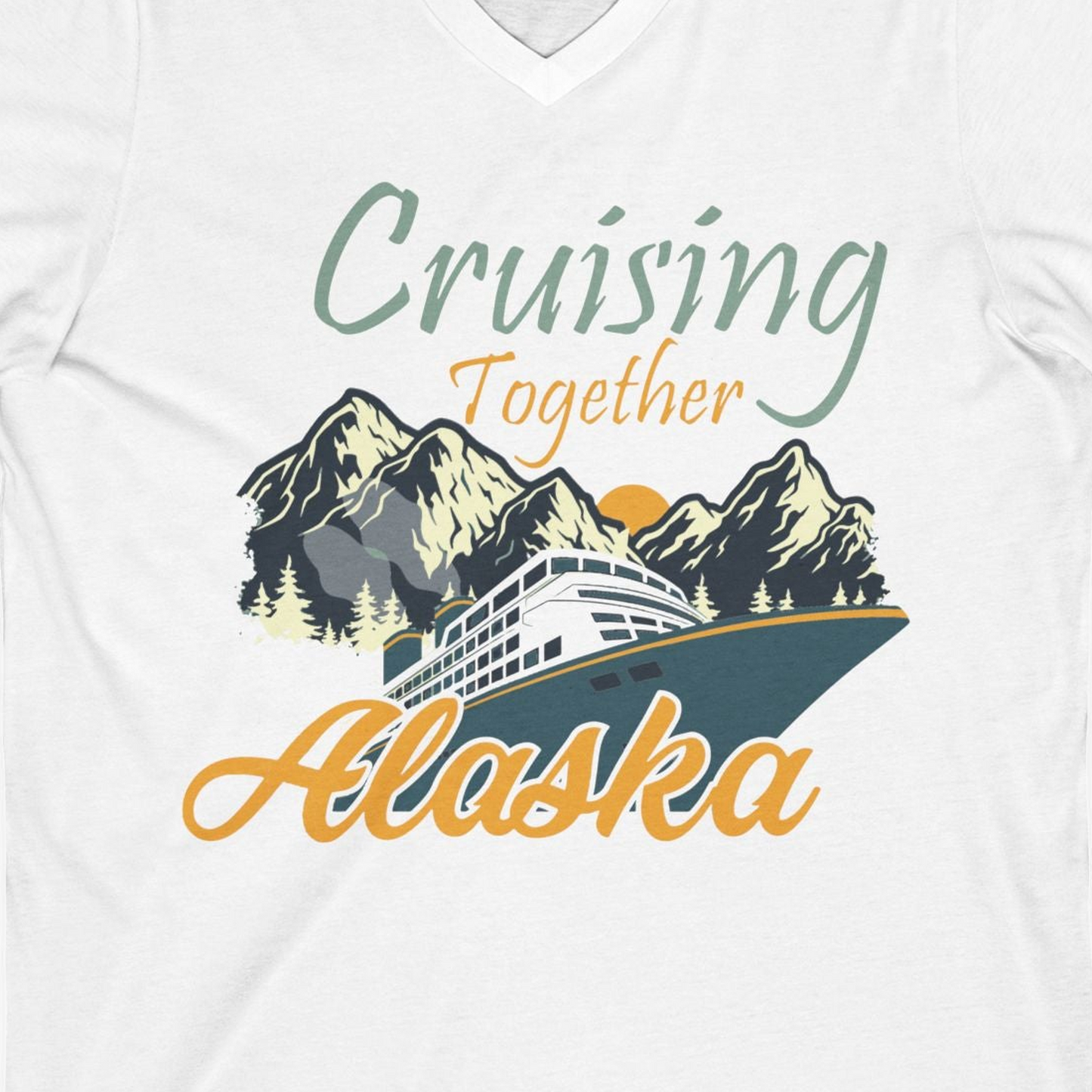 Cruising Together Alaska Mountains Family Alaska Cruise Adventure Shirt — V-Neck V-Neck Shirt – White – Alaska Cruise Shirts Close Up