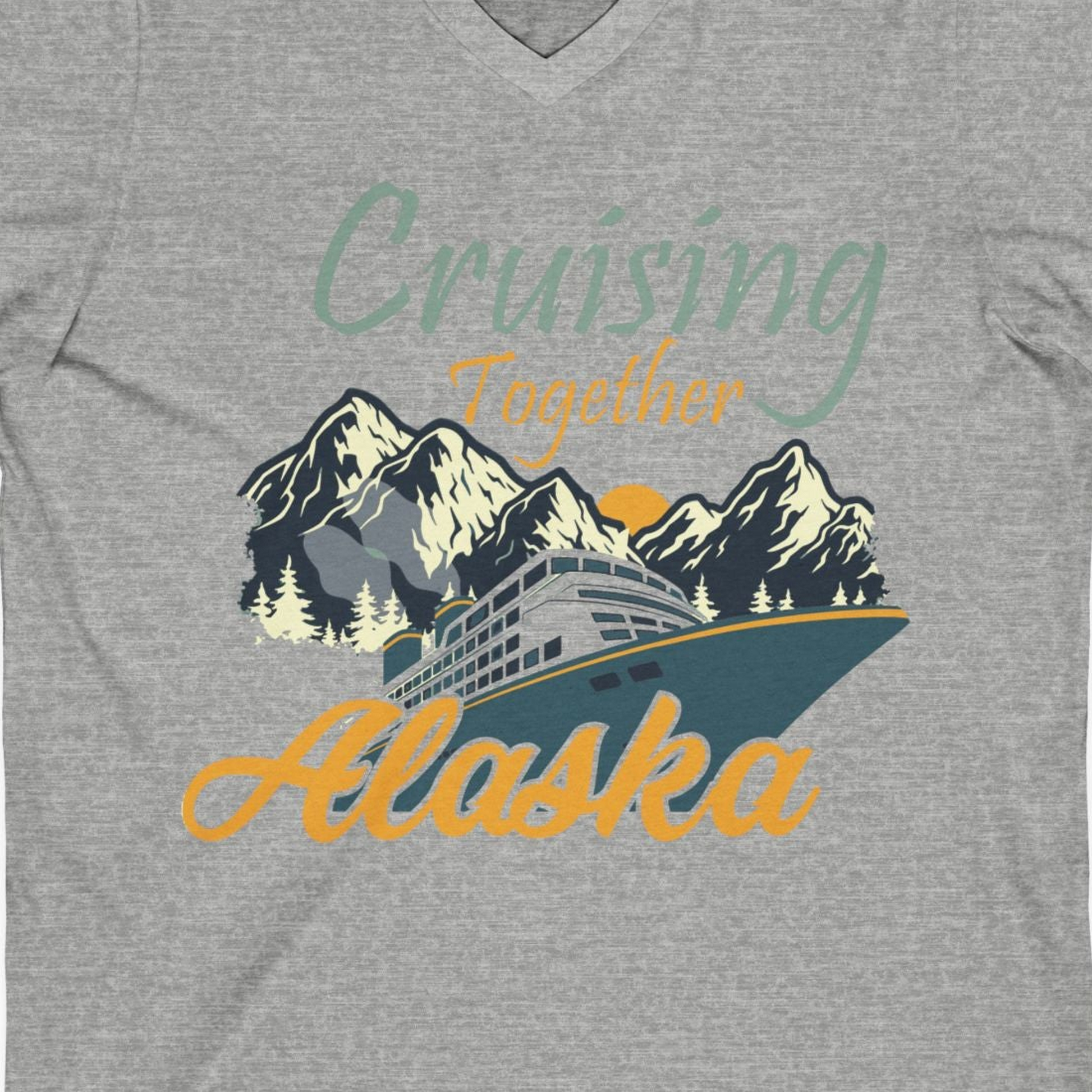 Cruising Together Alaska Mountains Family Alaska Cruise Adventure Shirt — V-Neck V-Neck Shirt – Athletic Heather – Alaska Cruise Shirts Close Up