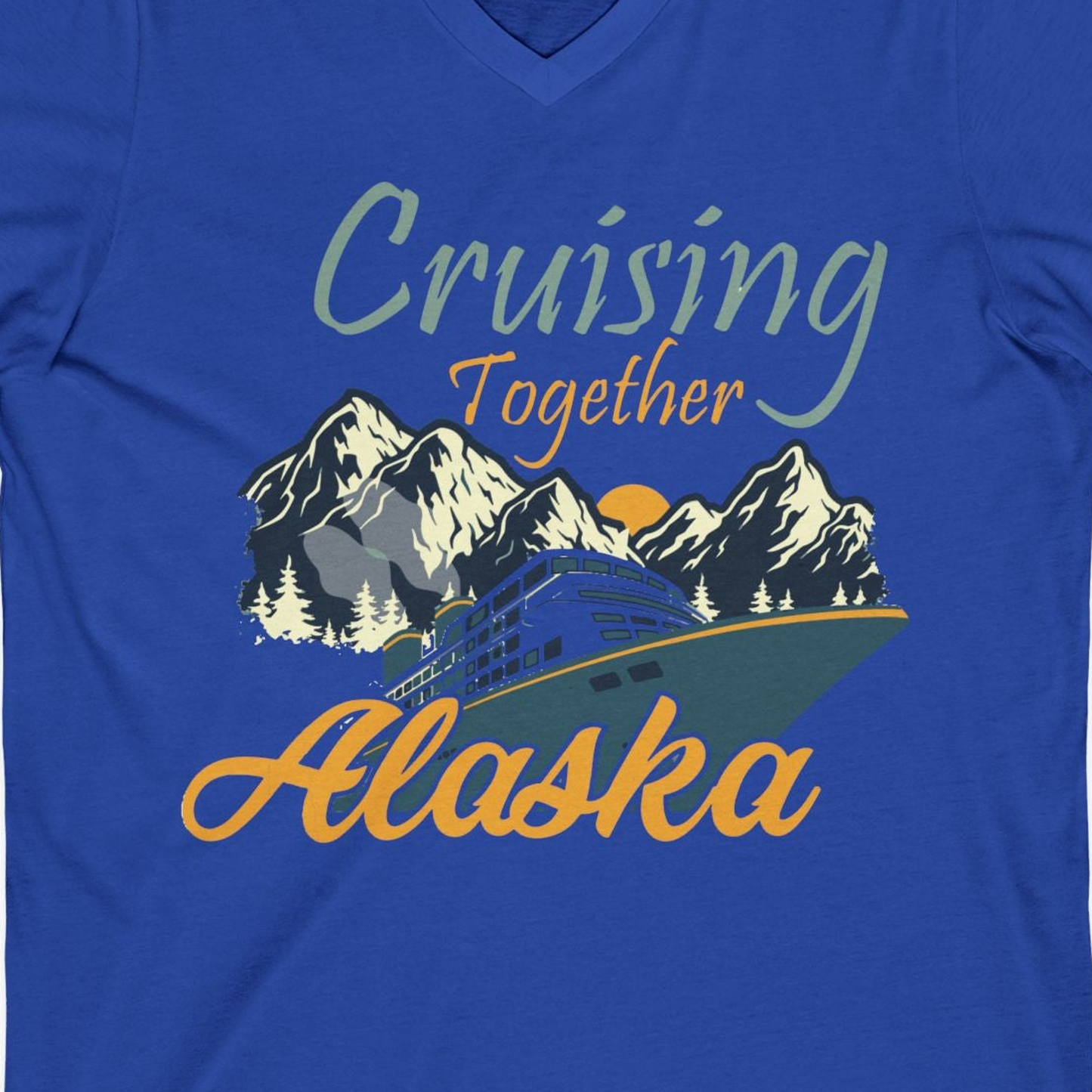 Cruising Together Alaska Mountains Family Alaska Cruise Adventure Shirt — V-Neck V-Neck Shirt – True Royal – Alaska Cruise Shirts Close Up