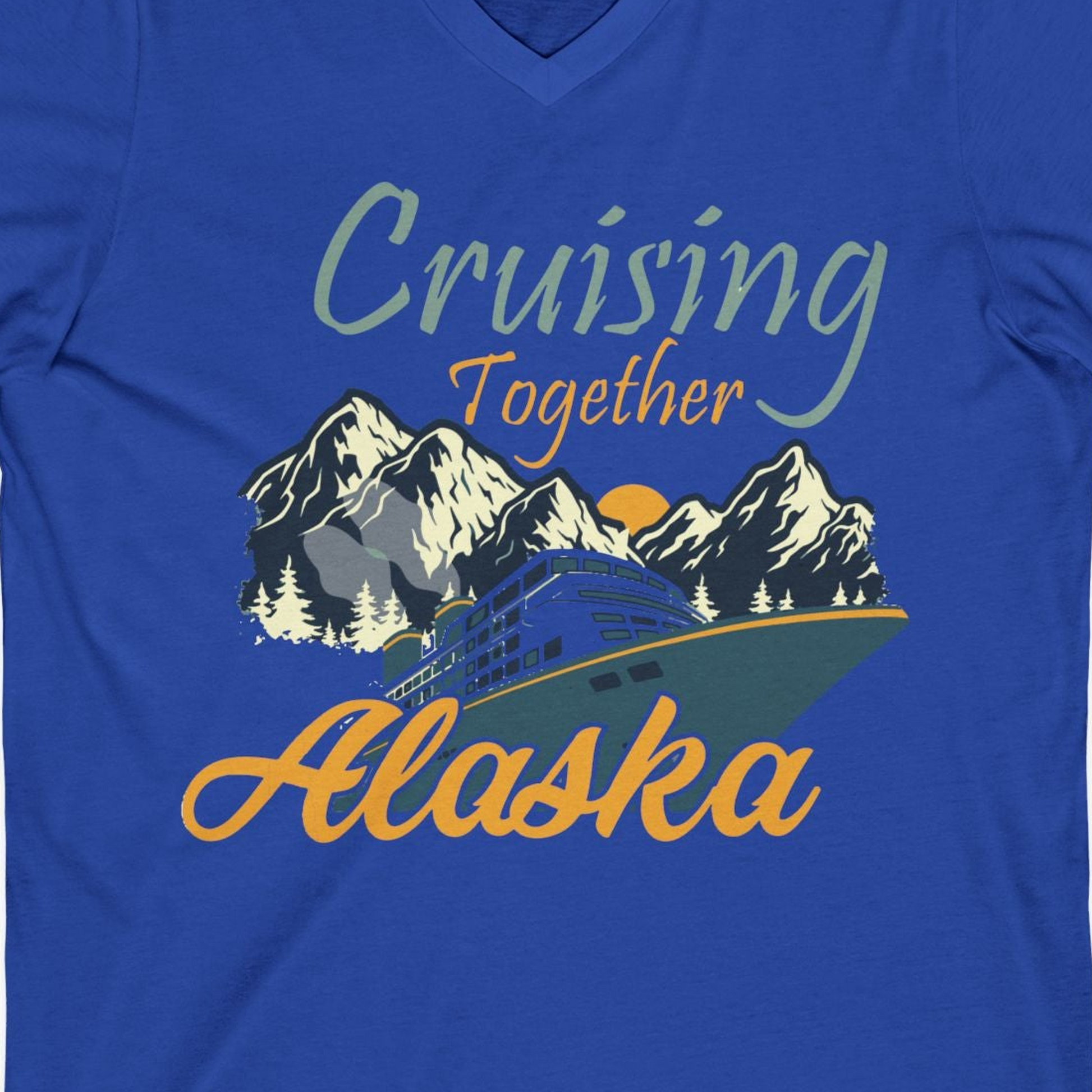 Cruising Together Alaska Mountains Family Alaska Cruise Adventure Shirt — V-Neck V-Neck Shirt – True Royal – Alaska Cruise Shirts Close Up