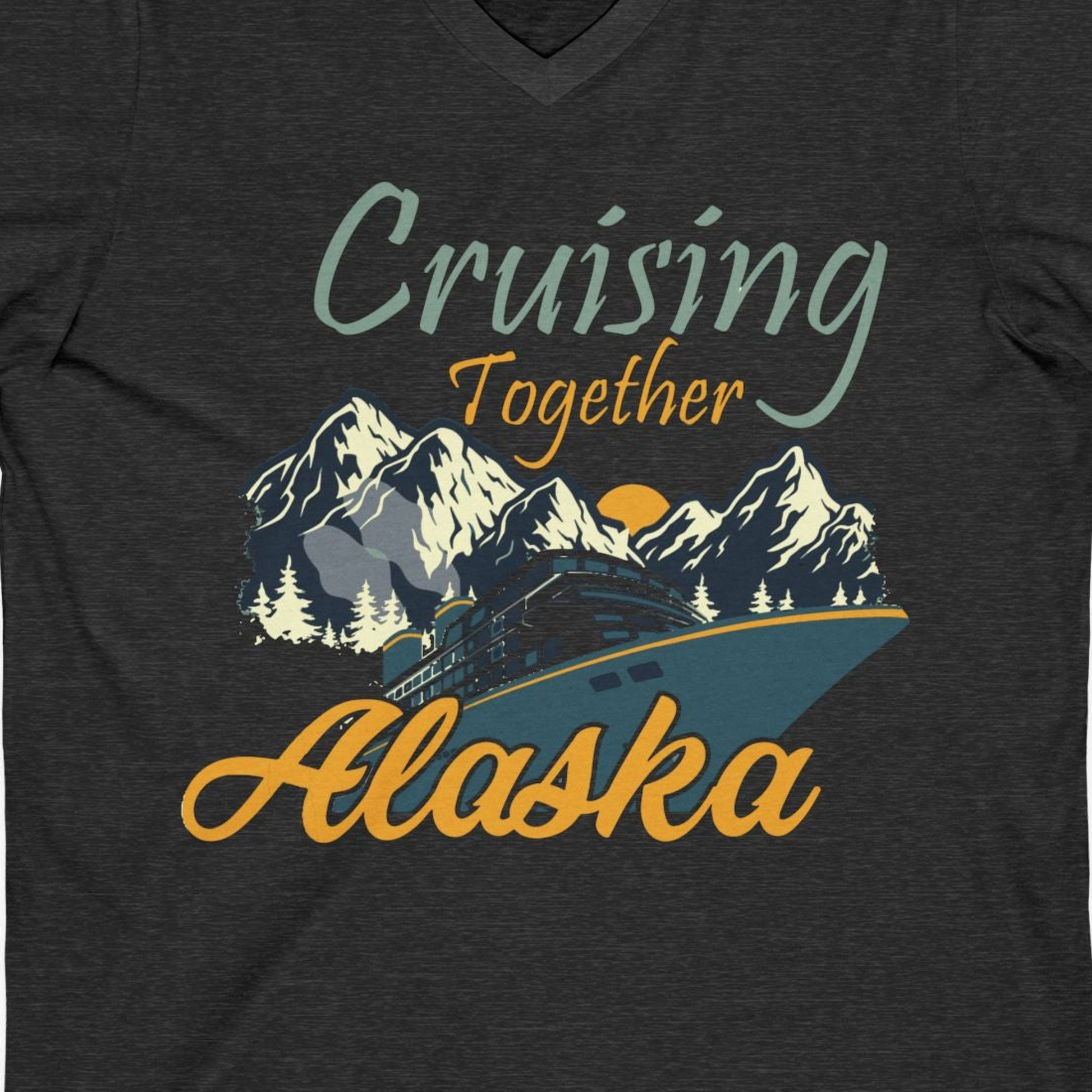 Cruising Together Alaska Mountains Family Alaska Cruise Adventure Shirt — V-Neck V-Neck Shirt – Dark Grey Heather – Alaska Cruise Shirts Close Up
