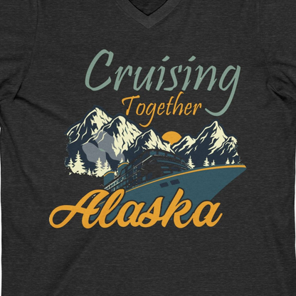 Cruising Together Alaska Mountains Family Alaska Cruise Adventure Shirt — V-Neck V-Neck Shirt – Dark Grey Heather – Alaska Cruise Shirts Close Up