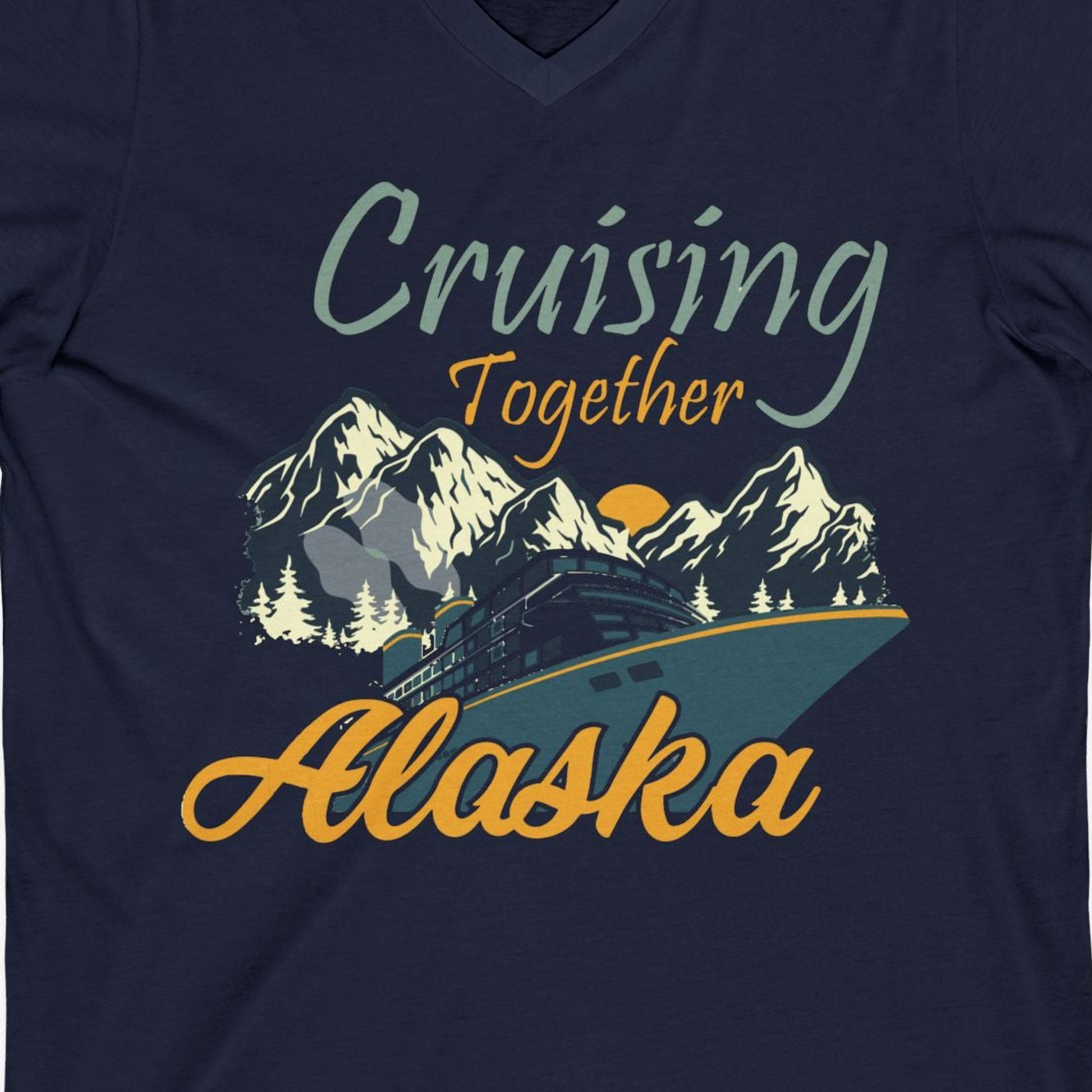 Cruising Together Alaska Mountains Family Alaska Cruise Adventure Shirt — V-Neck V-Neck Shirt – Navy – Alaska Cruise Shirts Close Up