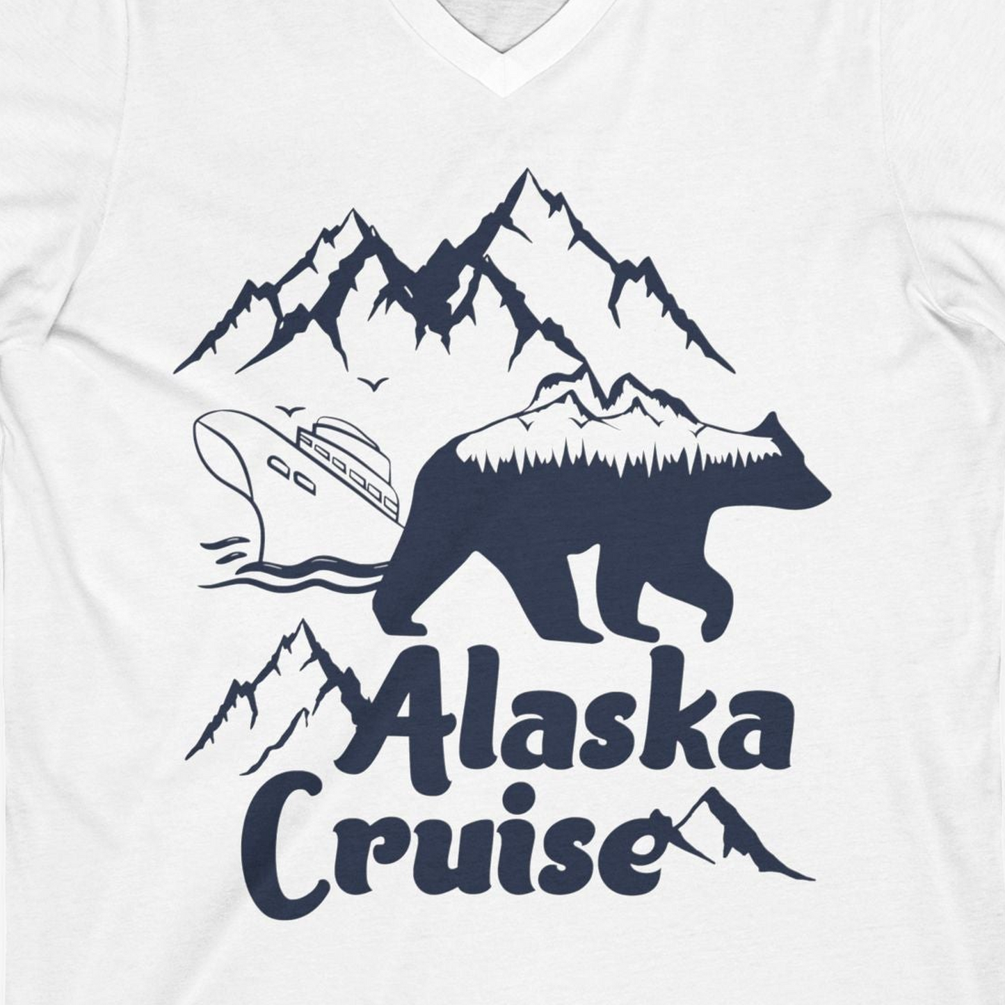 Alaska Cruise Shirt V-Neck Shirt – White – Alaska Cruise Shirts Close Up