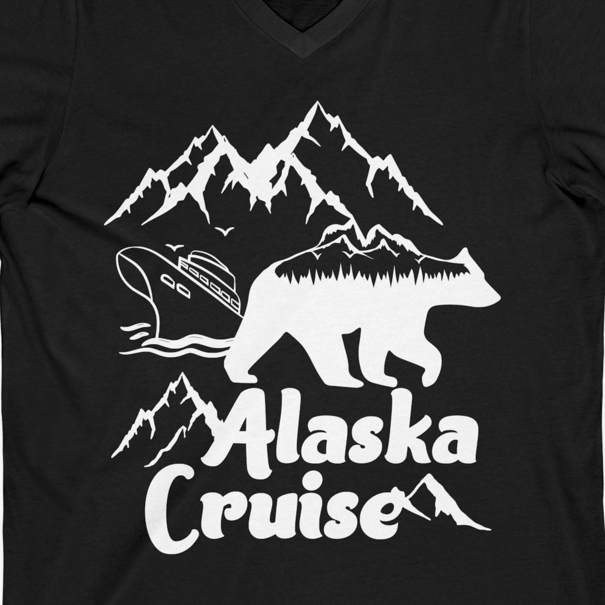 Alaska Cruise Shirt V-Neck Shirt – Black – Alaska Cruise Shirts Close Up