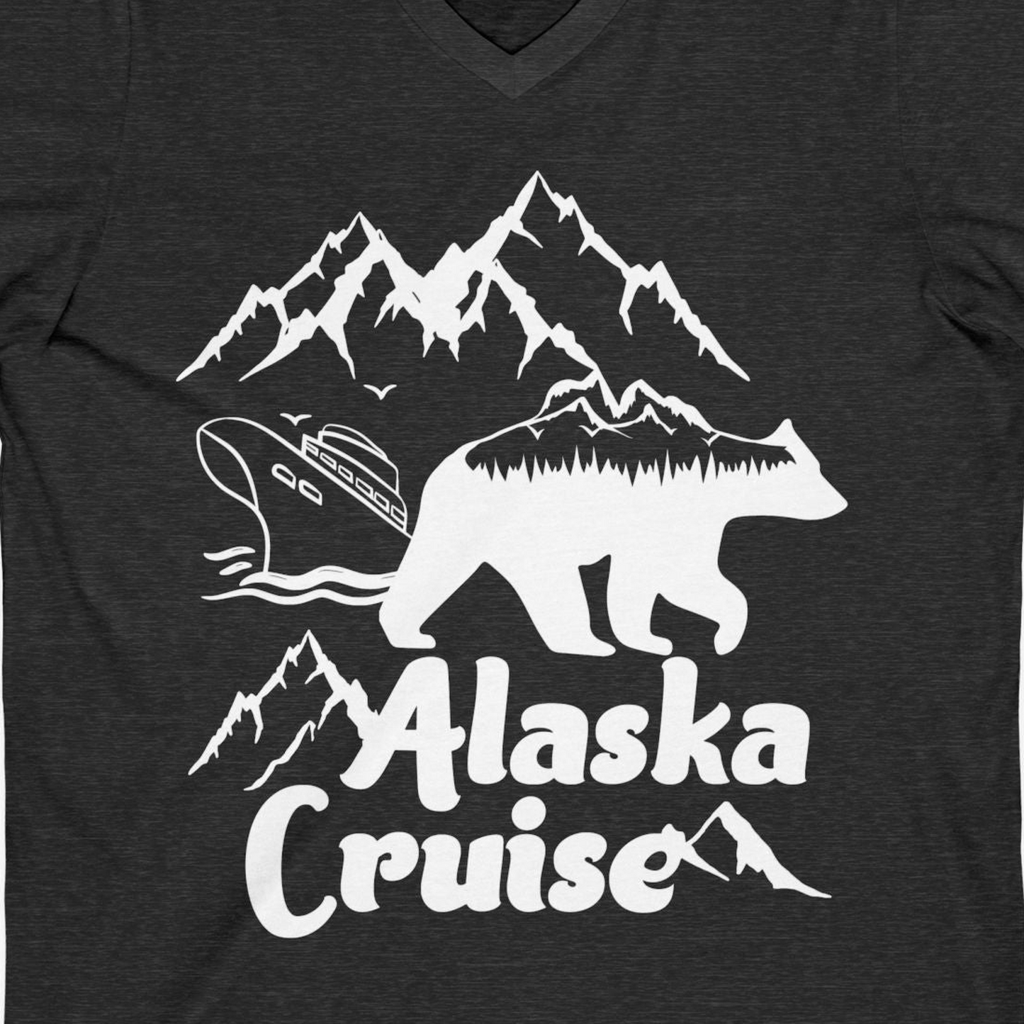 Alaska Cruise Shirt V-Neck Shirt – Dark Grey Heather – Alaska Cruise Shirts Close Up