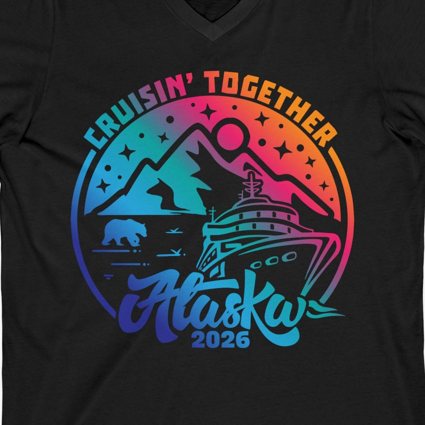 Alaska Cruise Adventure Mountains Wildlife Retro Family Group Shirt 2026 — V-Neck V-Neck Shirt – Black – Alaska Cruise Shirts Close Up