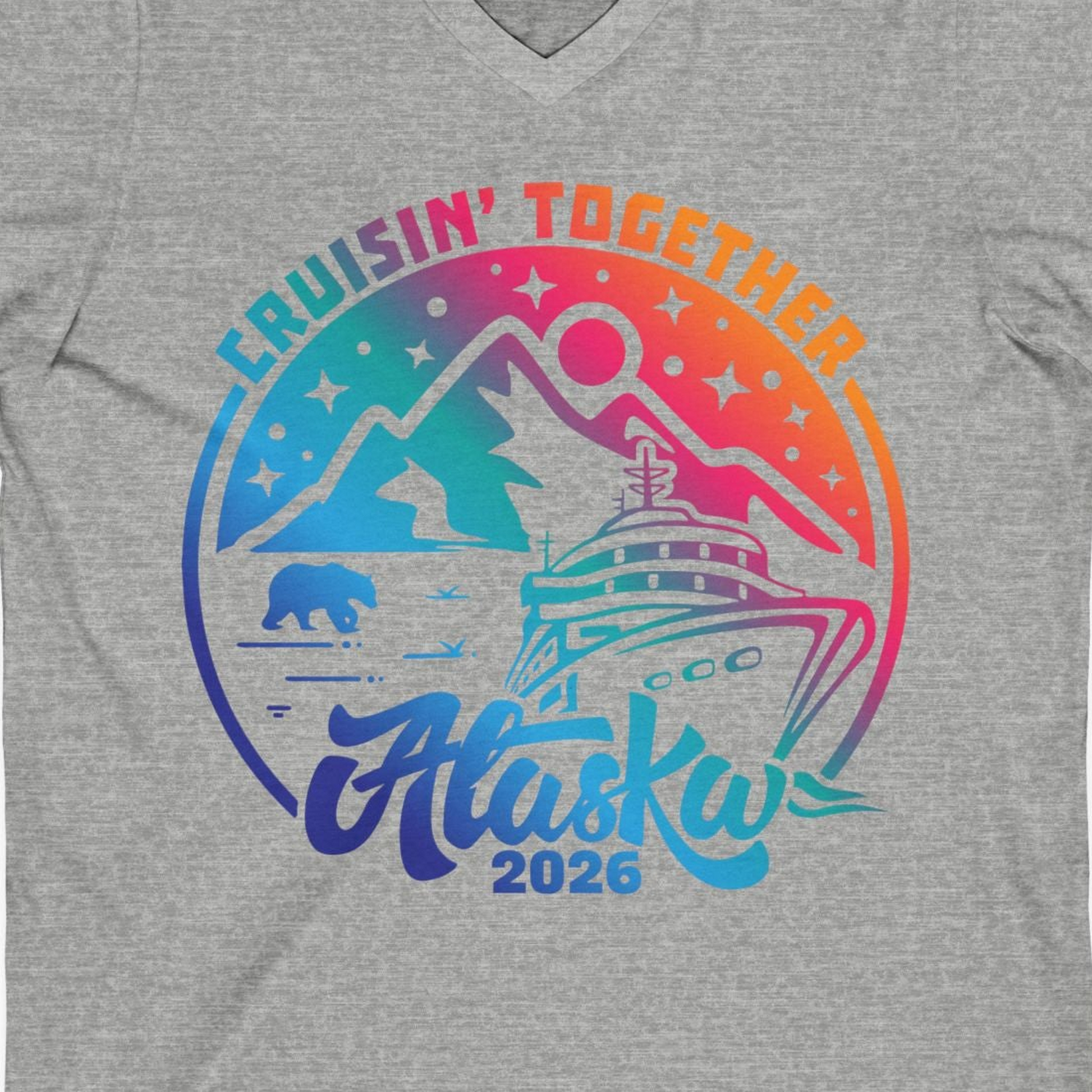 Alaska Cruise Adventure Mountains Wildlife Retro Family Group Shirt 2026 — V-Neck V-Neck Shirt – Athletic Heather – Alaska Cruise Shirts Close Up
