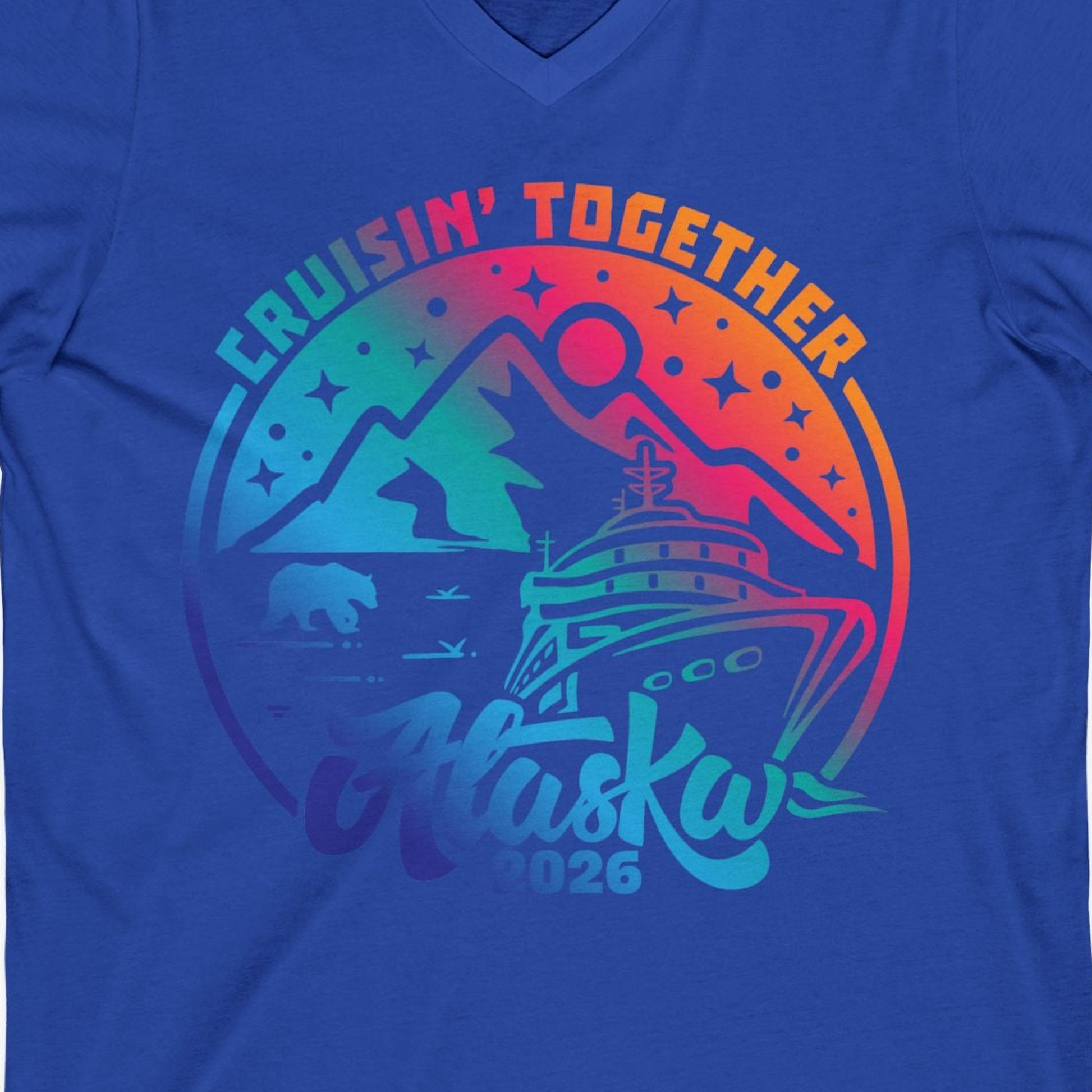 Alaska Cruise Adventure Mountains Wildlife Retro Family Group Shirt 2026 — V-Neck V-Neck Shirt – True Royal – Alaska Cruise Shirts Close Up