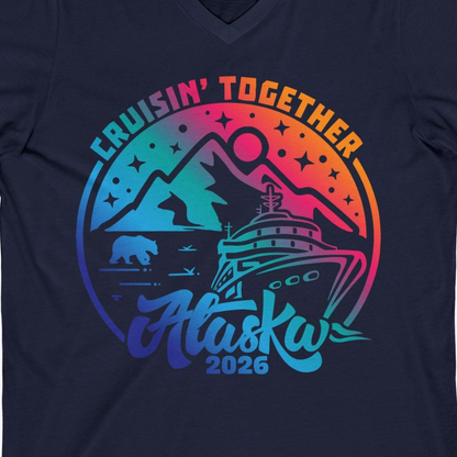 Alaska Cruise Adventure Mountains Wildlife Retro Family Group Shirt 2026 — V-Neck V-Neck Shirt – Navy – Alaska Cruise Shirts Close Up
