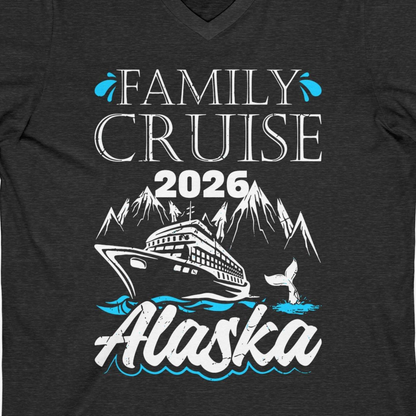 Alaska Family Cruise Shirt V-Neck Shirt – Dark Grey Heather – Alaska Cruise Shirts Close Up