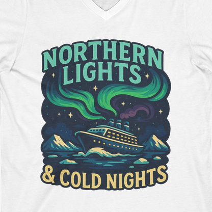 Northern Lights Alaska Cruise Ship Night Adventure Travel Shirt — V-Neck V-Neck Shirt – White – Alaska Cruise Shirts Close Up